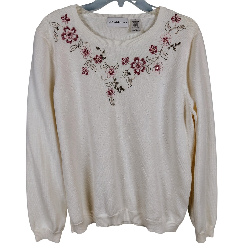 Alfred Dunner Womens XL Floral Embroidered Sweater Cream Cotton Grandmacore